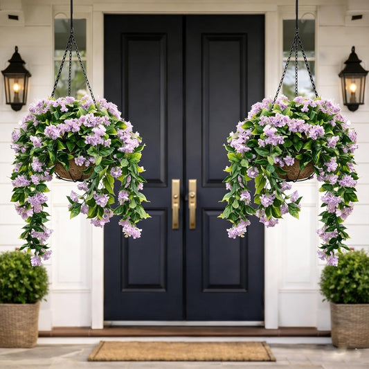 1 Faux Crepe Myrtle Hanging Baskets – UV Resistant Artificial Flower Planters with Coconut Liner & Metal Chain