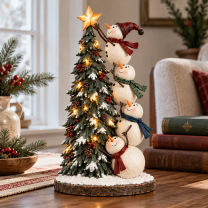 ☃️🎄 Snowmen Topping the Christmas Tree™ – Lighted Holiday Figurine with Remote Control