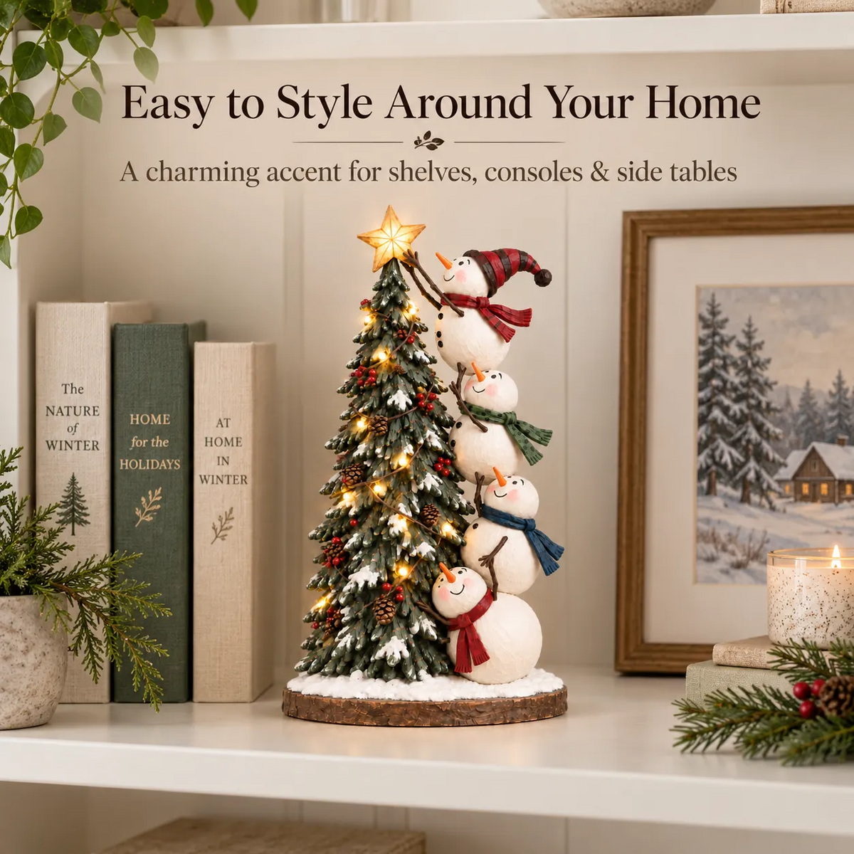 ☃️🎄 Snowmen Topping the Christmas Tree™ – Lighted Holiday Figurine with Remote Control