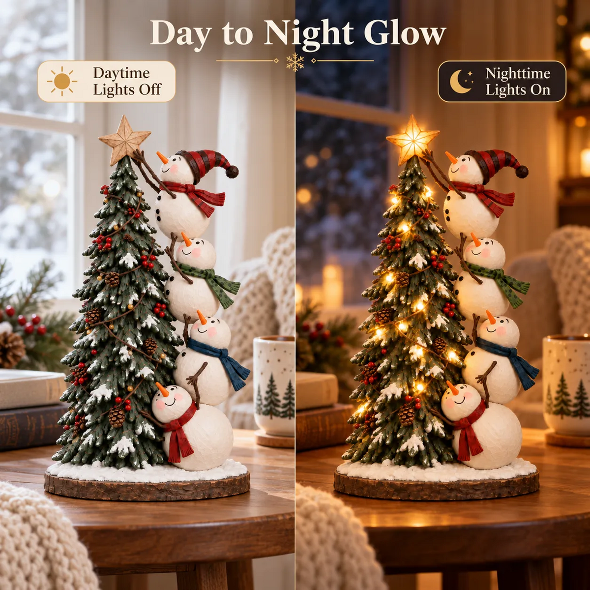 ☃️🎄 Snowmen Topping the Christmas Tree™ – Lighted Holiday Figurine with Remote Control