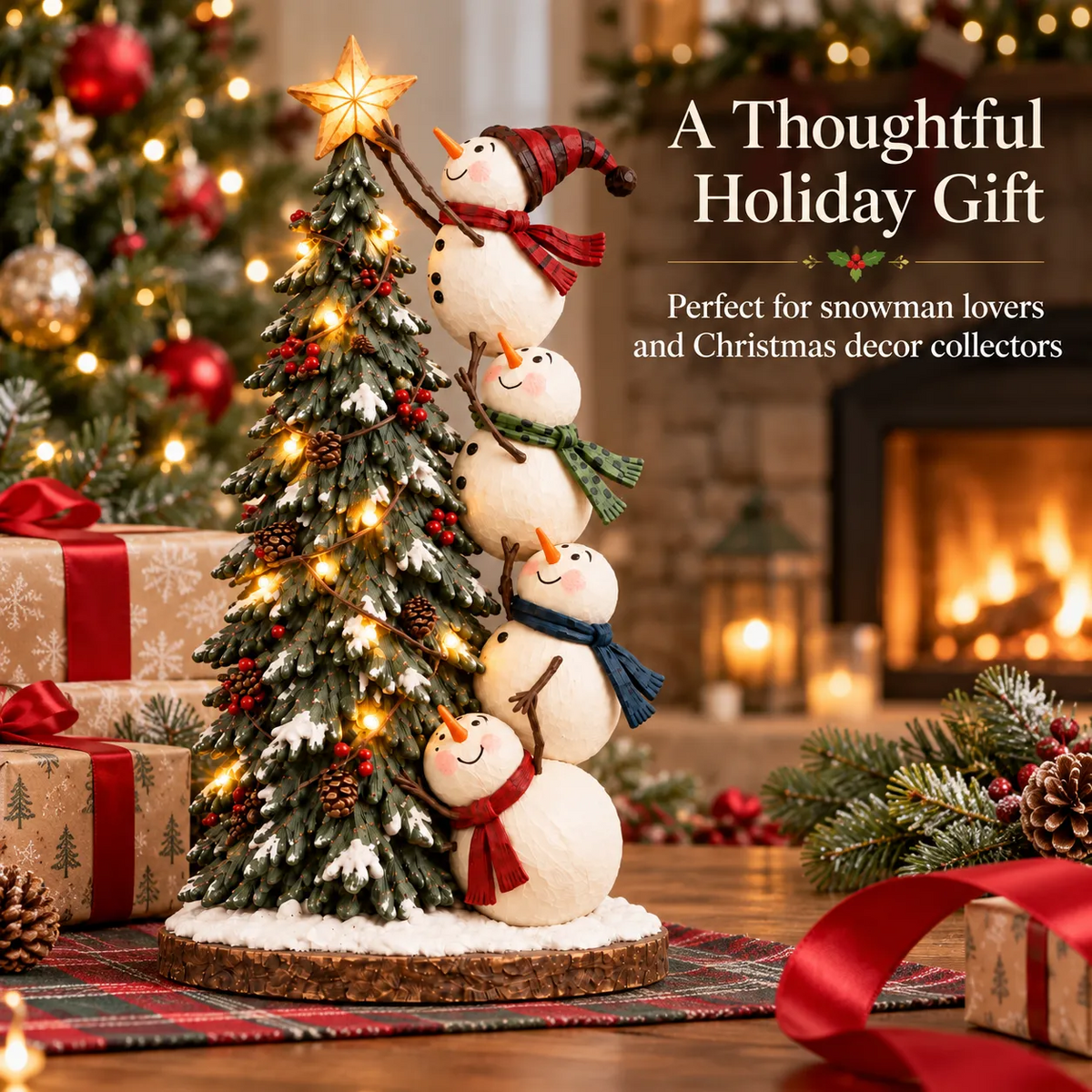 ☃️🎄 Snowmen Topping the Christmas Tree™ – Lighted Holiday Figurine with Remote Control