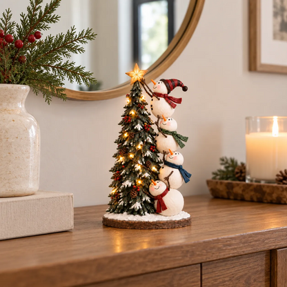 ☃️🎄 Snowmen Topping the Christmas Tree™ – Lighted Holiday Figurine with Remote Control