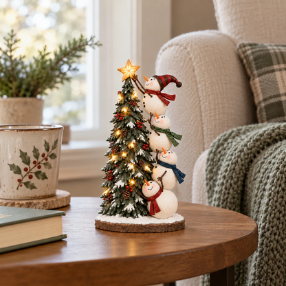 ☃️🎄 Snowmen Topping the Christmas Tree™ – Lighted Holiday Figurine with Remote Control