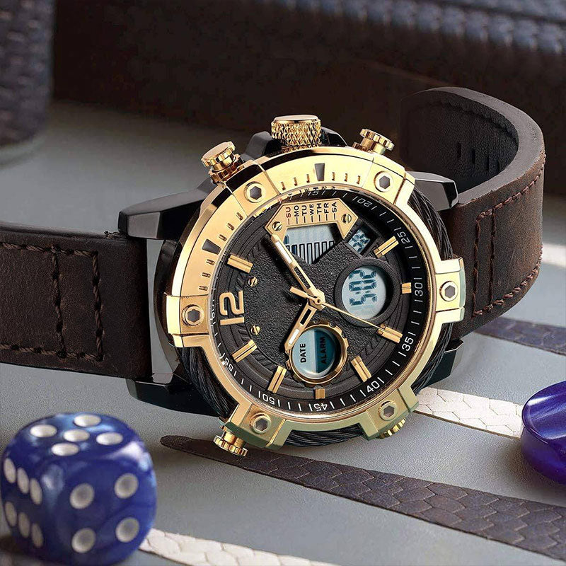 ⏱️ Men’s Industrial Dual-Time Watch – Vintage Leather Strap & Multi-Function Dial