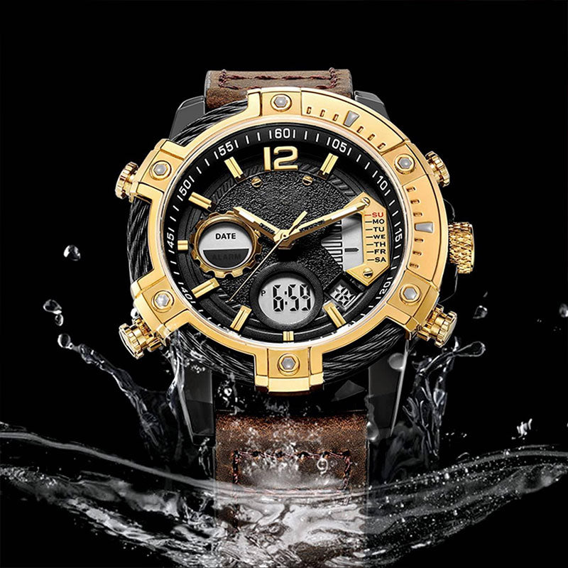 ⏱️ Men’s Industrial Dual-Time Watch – Vintage Leather Strap & Multi-Function Dial