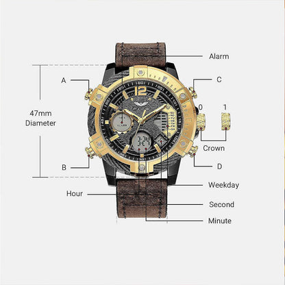 ⏱️ Men’s Industrial Dual-Time Watch – Vintage Leather Strap & Multi-Function Dial