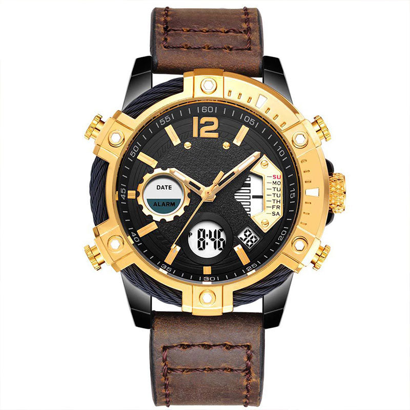 ⏱️ Men’s Industrial Dual-Time Watch – Vintage Leather Strap & Multi-Function Dial