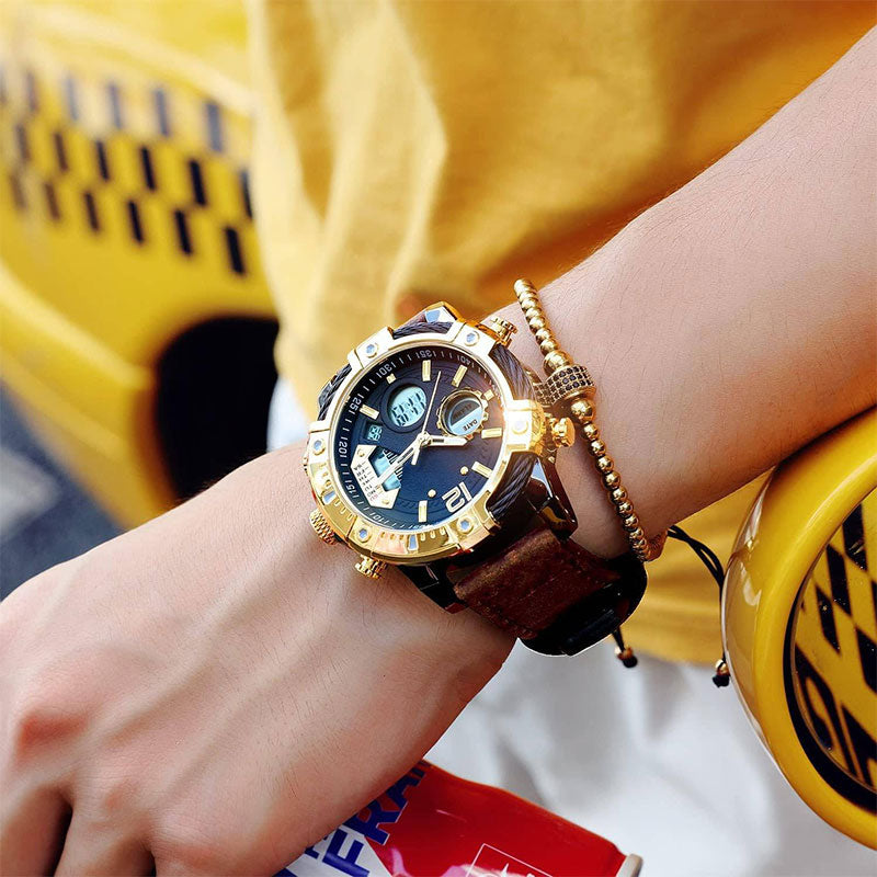 ⏱️ Men’s Industrial Dual-Time Watch – Vintage Leather Strap & Multi-Function Dial