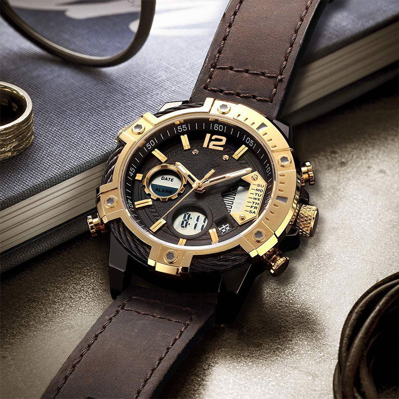 ⏱️ Men’s Industrial Dual-Time Watch – Vintage Leather Strap & Multi-Function Dial