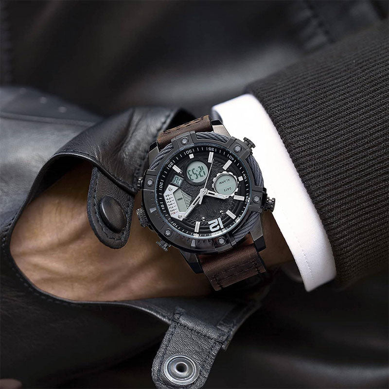 ⏱️ Men’s Industrial Dual-Time Watch – Vintage Leather Strap & Multi-Function Dial