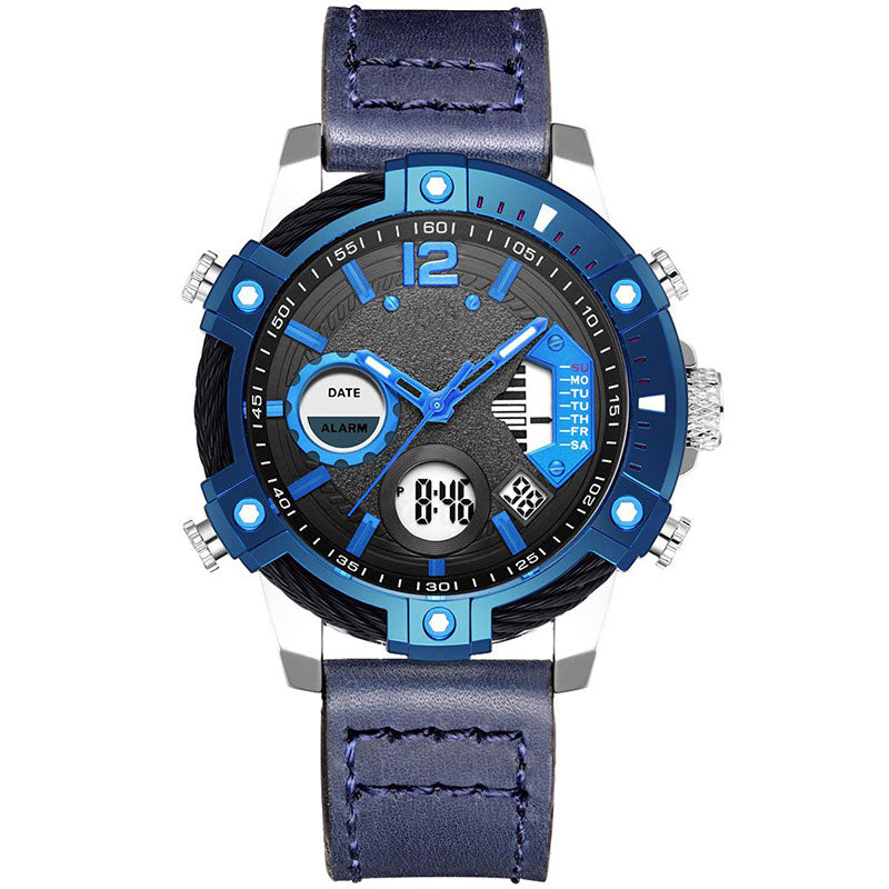 ⏱️ Men’s Industrial Dual-Time Watch – Vintage Leather Strap & Multi-Function Dial
