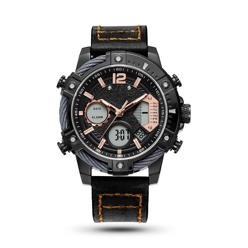 ⏱️ Men’s Industrial Dual-Time Watch – Vintage Leather Strap & Multi-Function Dial