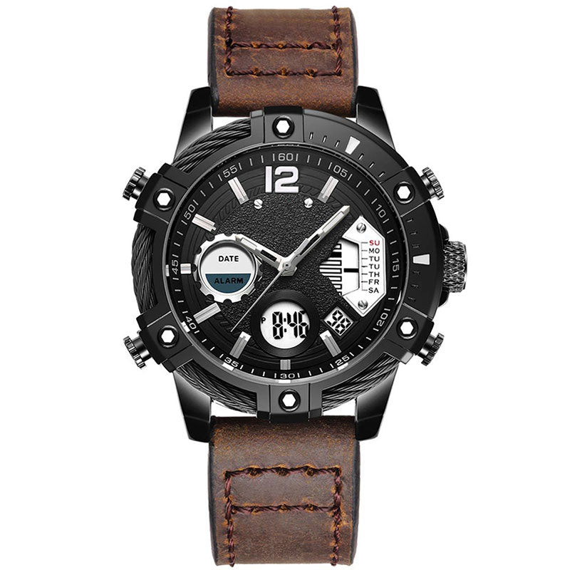 ⏱️ Men’s Industrial Dual-Time Watch – Vintage Leather Strap & Multi-Function Dial