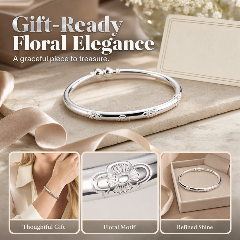 🌸 Retro Floral Silver Plated Open Cuff Bangle Bracelet ✨