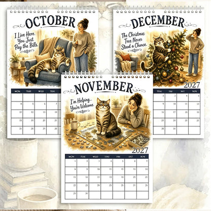 🐱 2027 Funny Cat Wall Calendar - Watercolor Humor Cat Art Monthly Planner 📅