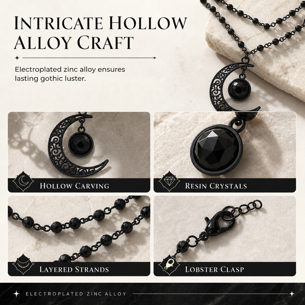 🖤 Gothic Crescent Moon Black Crystal Layered Necklace 🌙