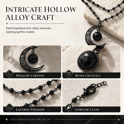 🖤 Gothic Crescent Moon Black Crystal Layered Necklace 🌙