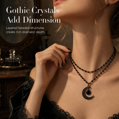 🖤 Gothic Crescent Moon Black Crystal Layered Necklace 🌙