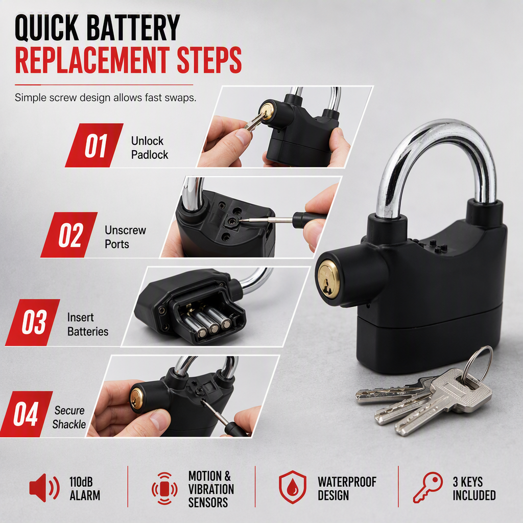 🔒 Heavy Duty 110dB Alarm Padlock Waterproof Lock 🚨