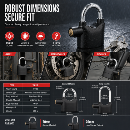 🔒 Heavy Duty 110dB Alarm Padlock Waterproof Lock 🚨