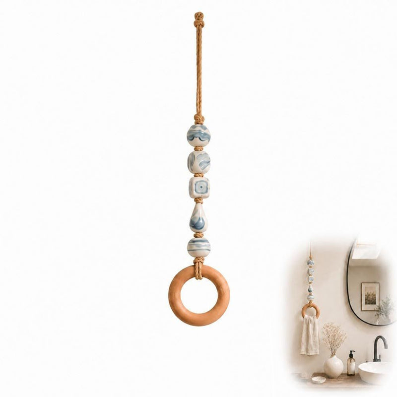 🌿 Handcrafted Beaded Towel Hanger - Boho Ceramic & Wooden Ring Holder 🧺