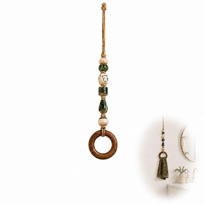 🌿 Handcrafted Beaded Towel Hanger - Boho Ceramic & Wooden Ring Holder 🧺