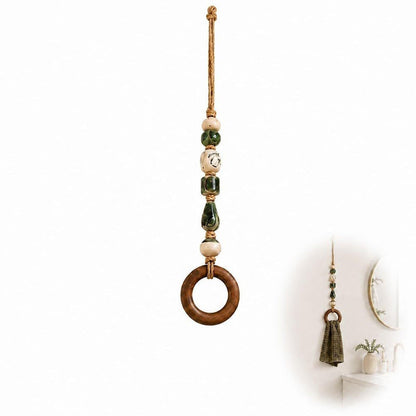 🌿 Handcrafted Beaded Towel Hanger - Boho Ceramic & Wooden Ring Holder 🧺